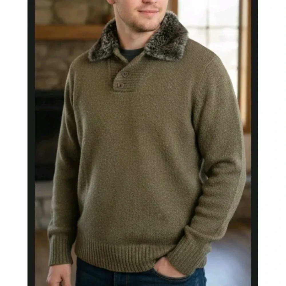 Banana Republic Heritage Men's XXL Olive Flecked Knit Henley Sweater Faux Fur...